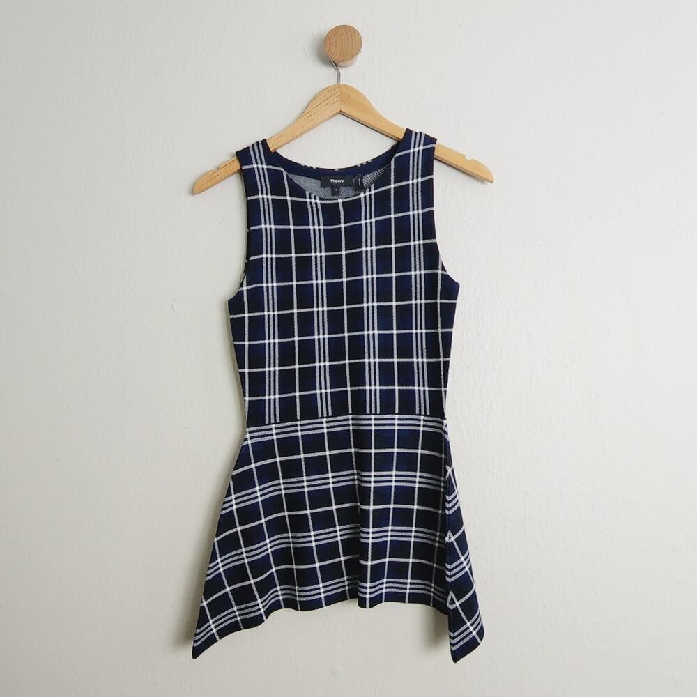 Theory Kalora Peplum Top Knit Plaid Sleeveless Blue Black P/00 Office Wear